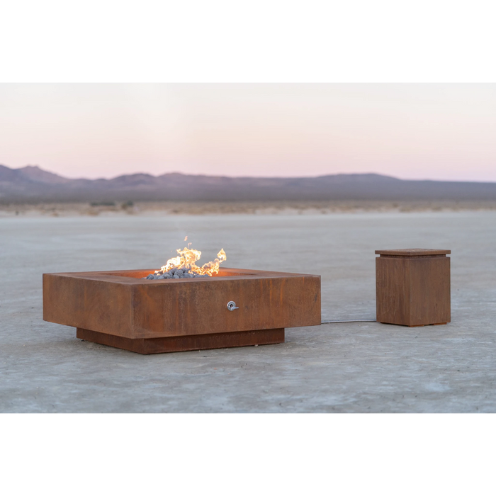 The Outdoor Plus Square Cabo Fire Pit 60" Corten Steel, Low Voltage Electronic Ignition OPT-CBSQ60CSE12V