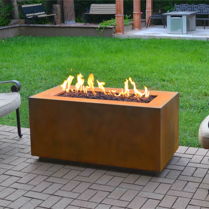 The Outdoor Plus Rectangular Pismo Fire Pit 84" Corten Steel, Low Voltage Electronic Ignition OPT-R8424CSE12V